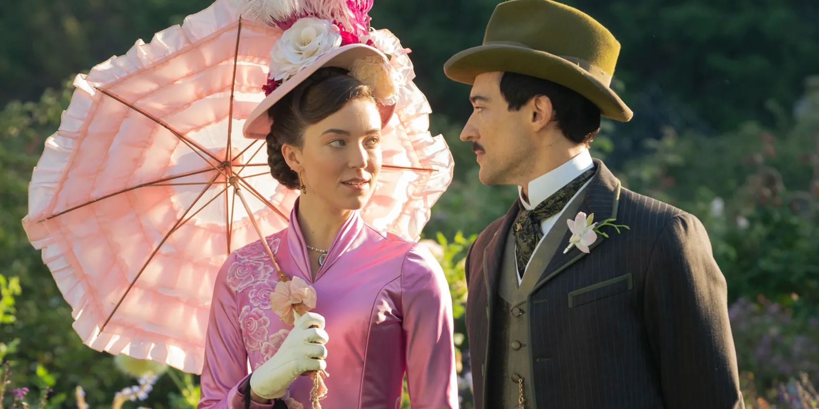 Maud Beaton (Nicole Bryndon Bloom) and Oscar (Blake Ritson) walk together through the botanical gardens in 'The Gilded Age'