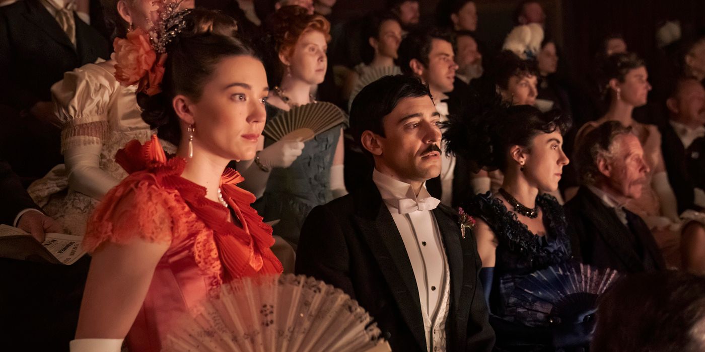 Oscar (Blake Ritson) and Maud Beaton (Nicole Bryndon Bloom) watching a show together in 'The Gilded Age'