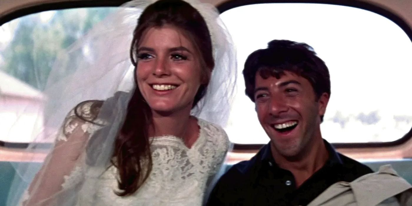 Elaine and Benjamin laughing on the back of a bus in The Graduate (1967)