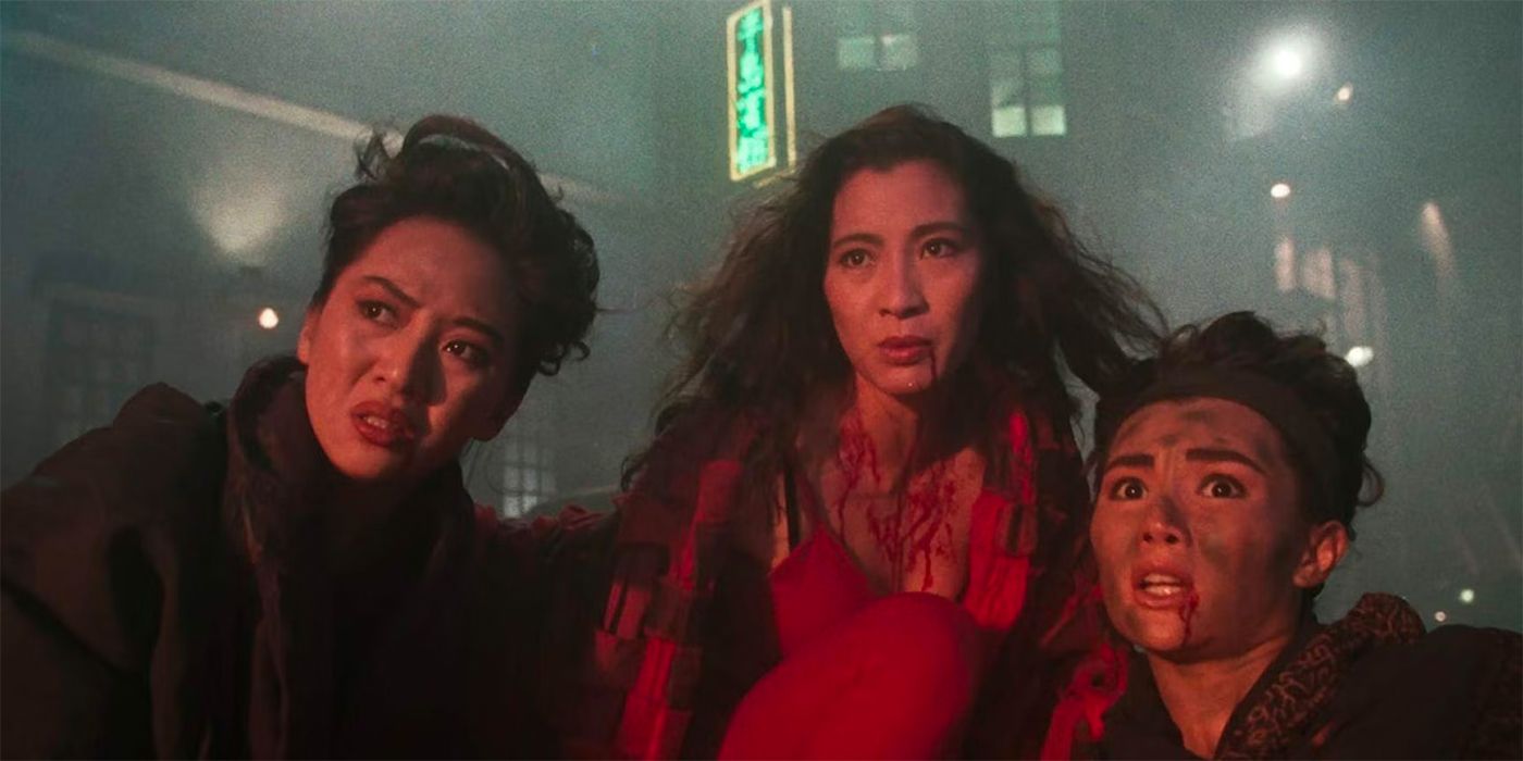 Michelle Yeoh as Invisible Woman, Antia Miu as Wonder Woman, and Maggie Cheung as Thief Catcher in The Heroic Trio (1993)