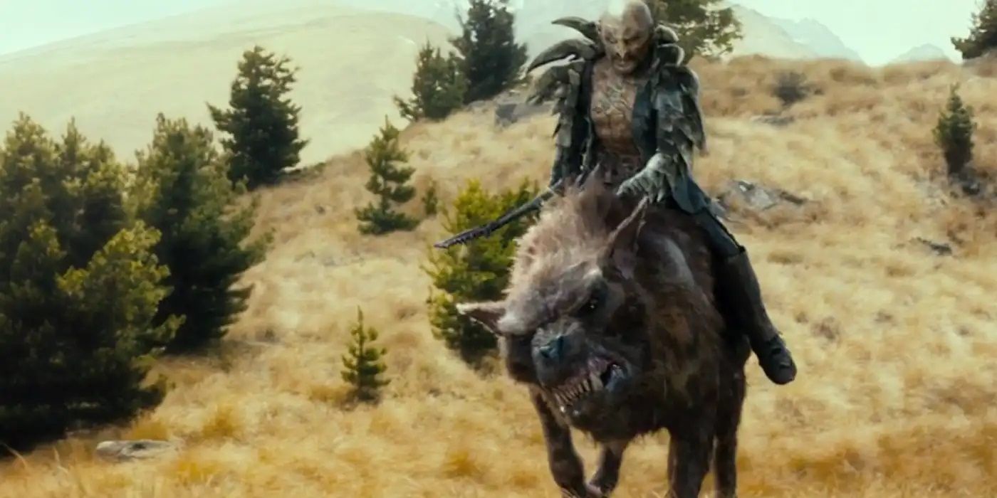 An Orc rides a Warg while tracking the dwarves