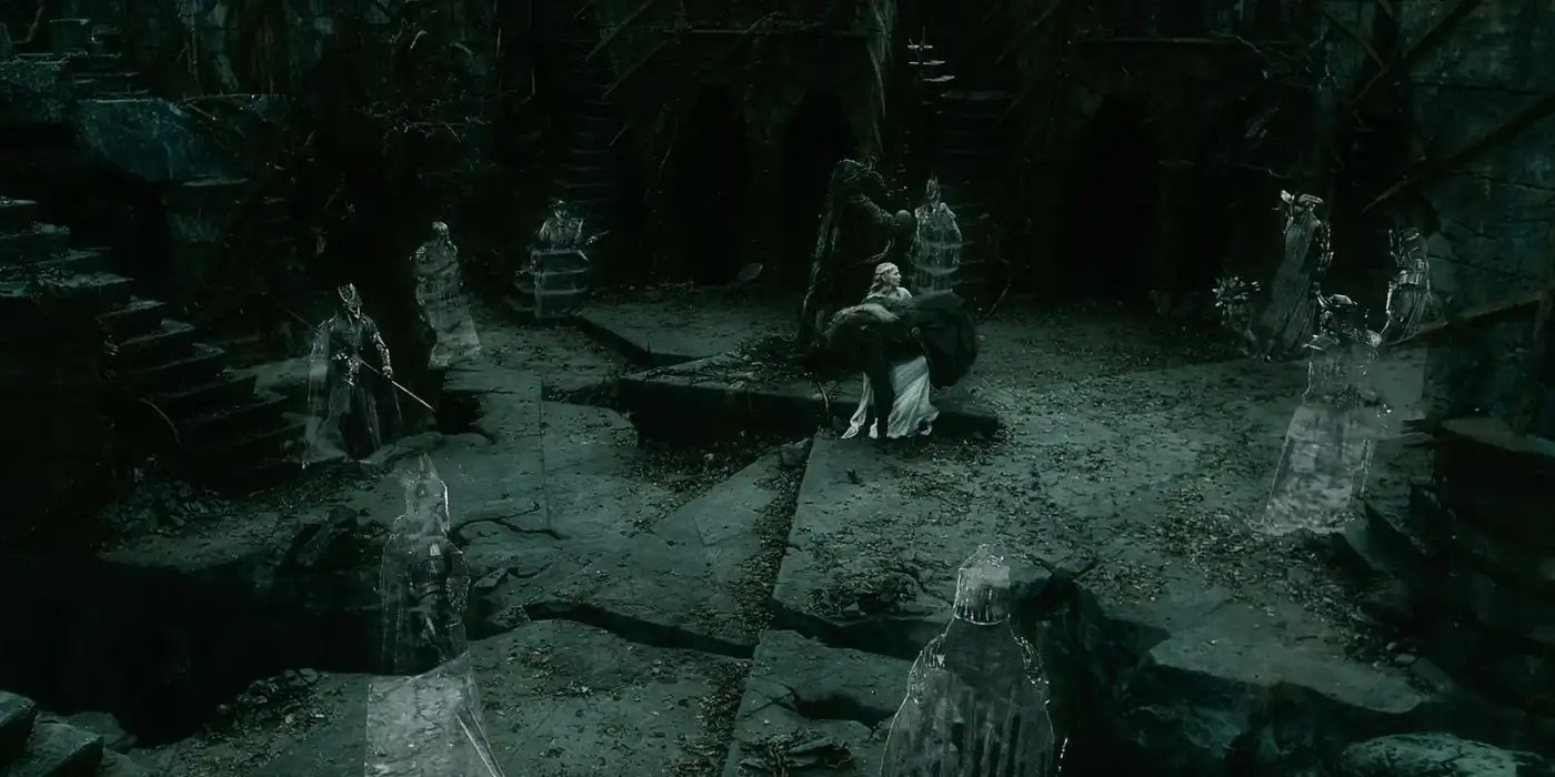 Galadriel, carrying Gandalf, surrounded by the nine Nazgul in Dol Guldur
