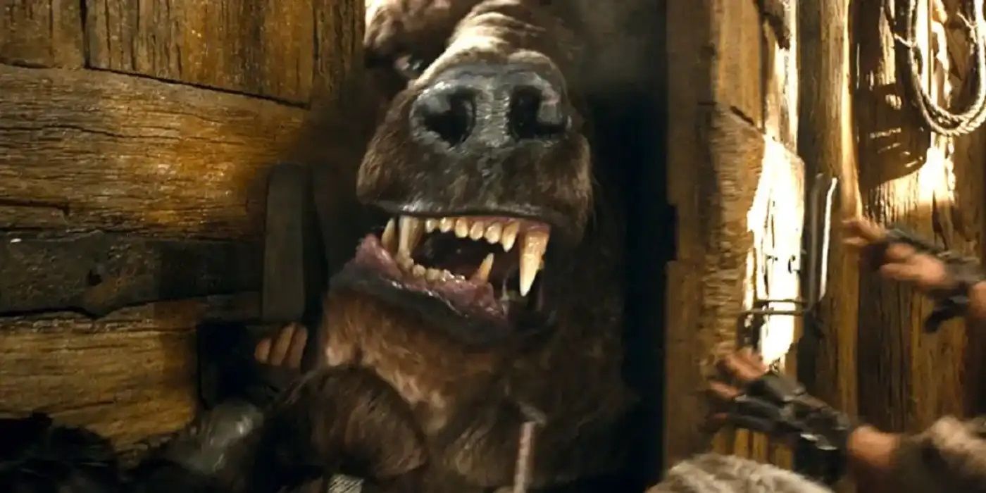 Beorn, in bear form, trying to break into his house and kill the dwarves