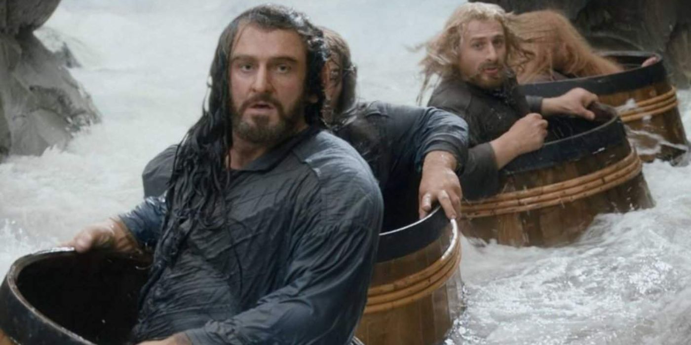 Thorin Oakenshield and some of his dwarves in barrels riding down the river