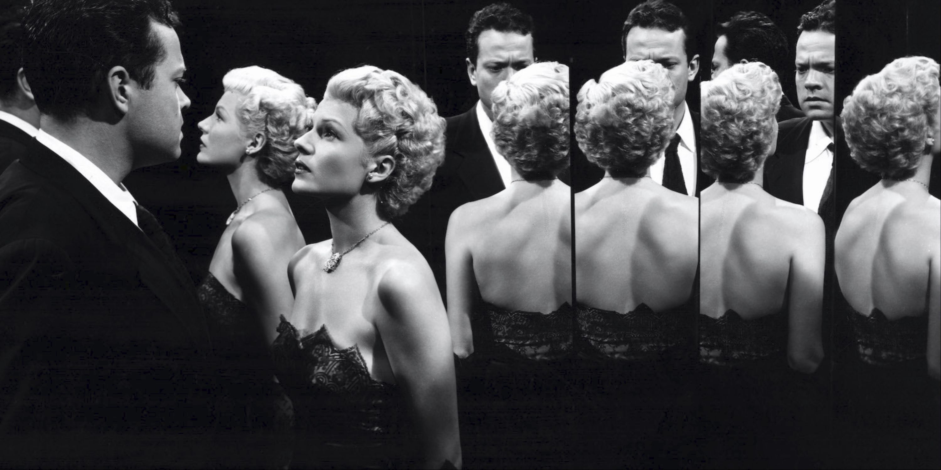 Orson Welles and Rita Hayworth looking at each other in The Lady from Shanghai