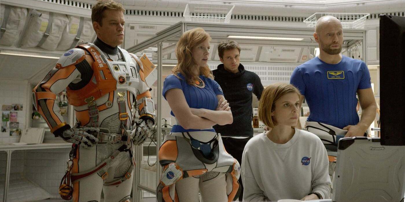 Matt Damon, Jessica Chastain, Kate Mara, Sebastian Stan, and Aksel Hennie look at a computer monitor in Ridley Scott's 'The Martian'