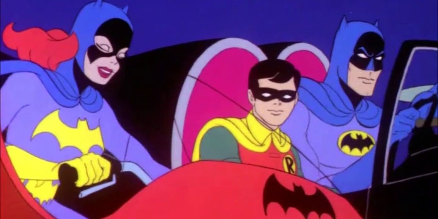Batman, Robin e Batgirl sulla Batmobile in Le nuove avventure di Batman