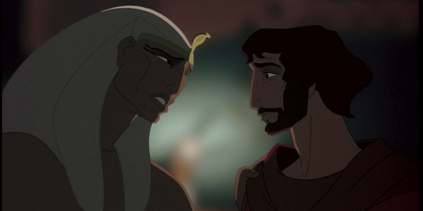 A chest up shot of Ramses and Moses staring at one another in The Prince of Egypt