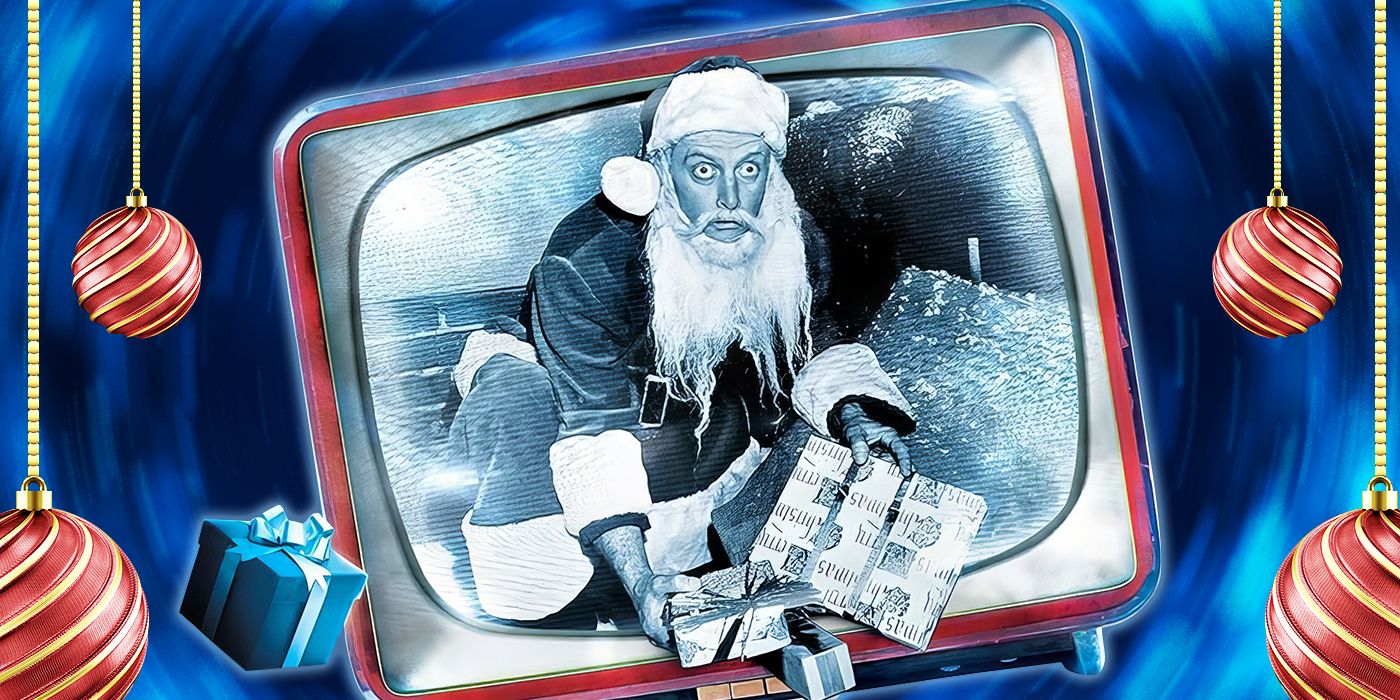 Twilight Zone Santa crawling out of a TV set
