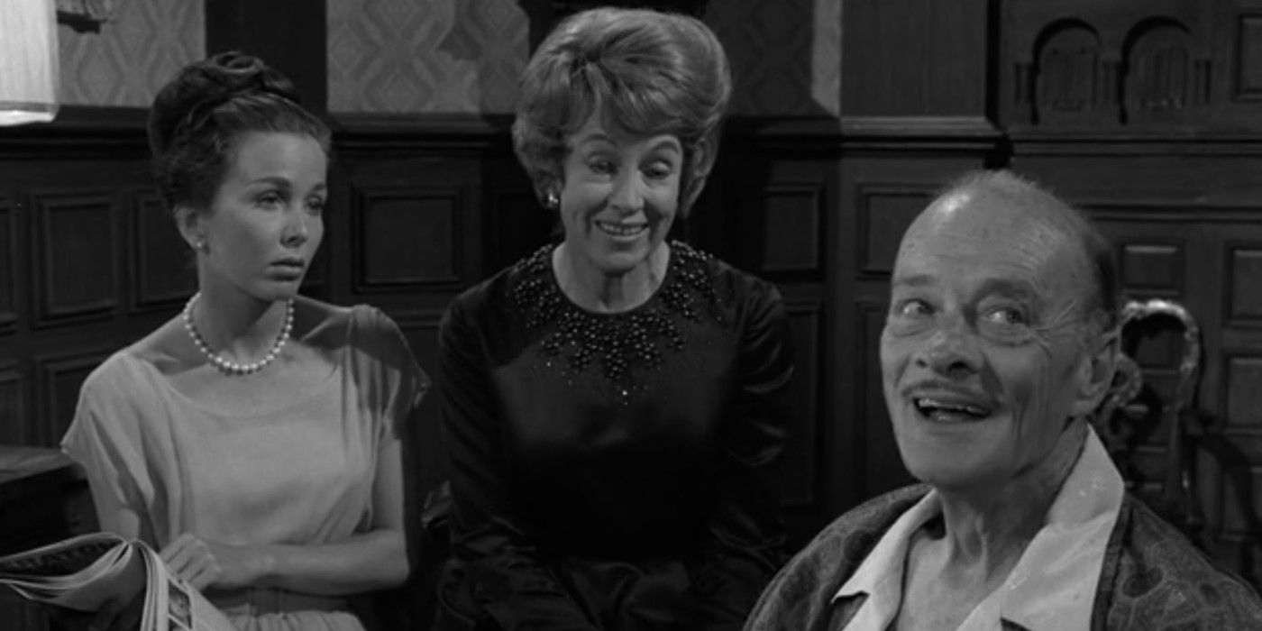 Black and white image of Rod Sterling, Virginia Gregg, and Brooke Hayward in The Twilight Zone 