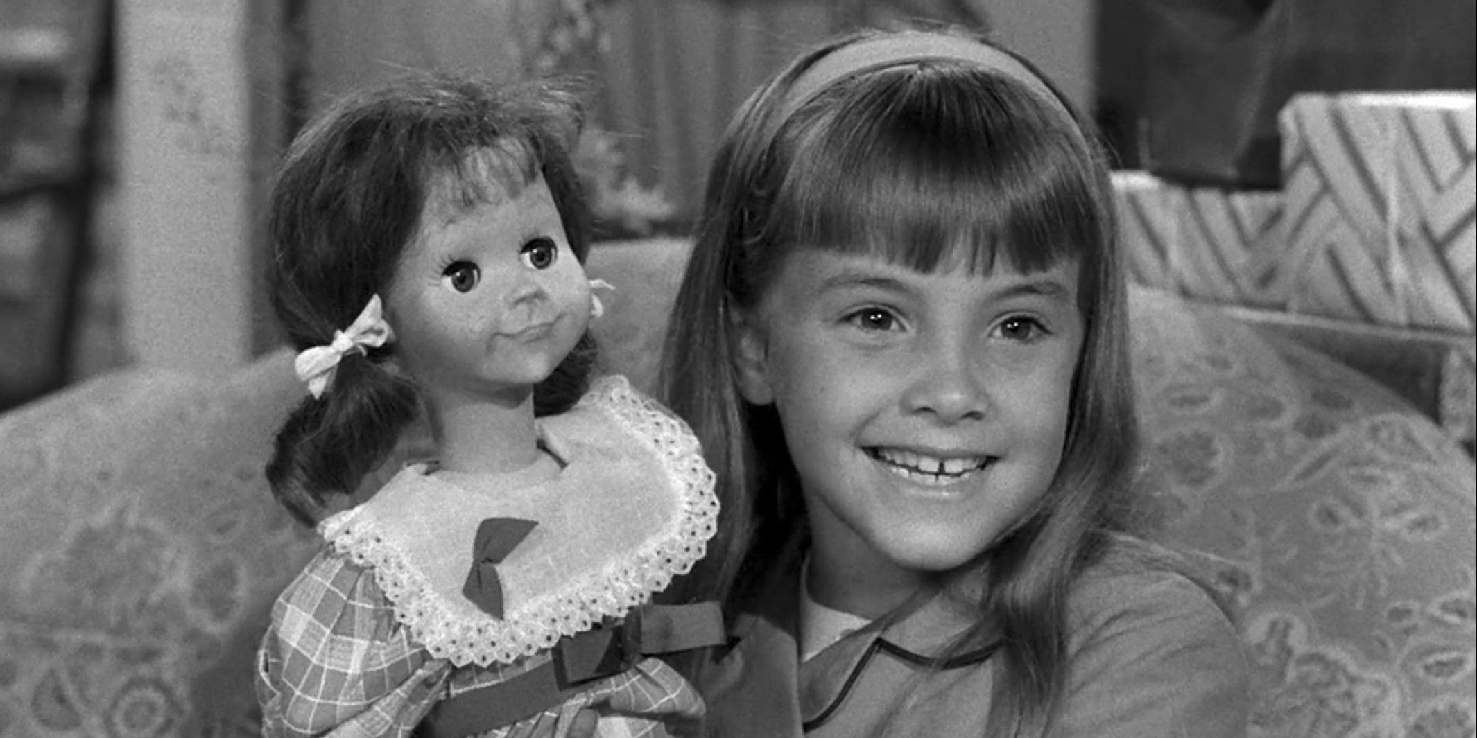 Tracy Stratford holding Talking Tina voiced by June Foray in Living Doll from The Twilight Zone
