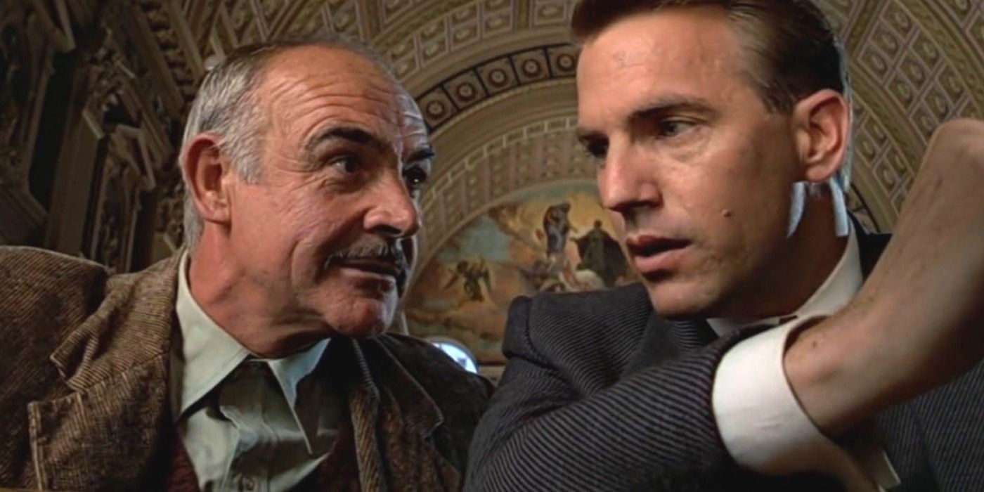 Sean Connery and Kevin Costner as Jim Malone and Eliot Ness talking in The Untouchables
