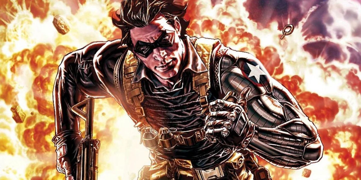 The Winter Soldier running from an explosion in Marvel Comics