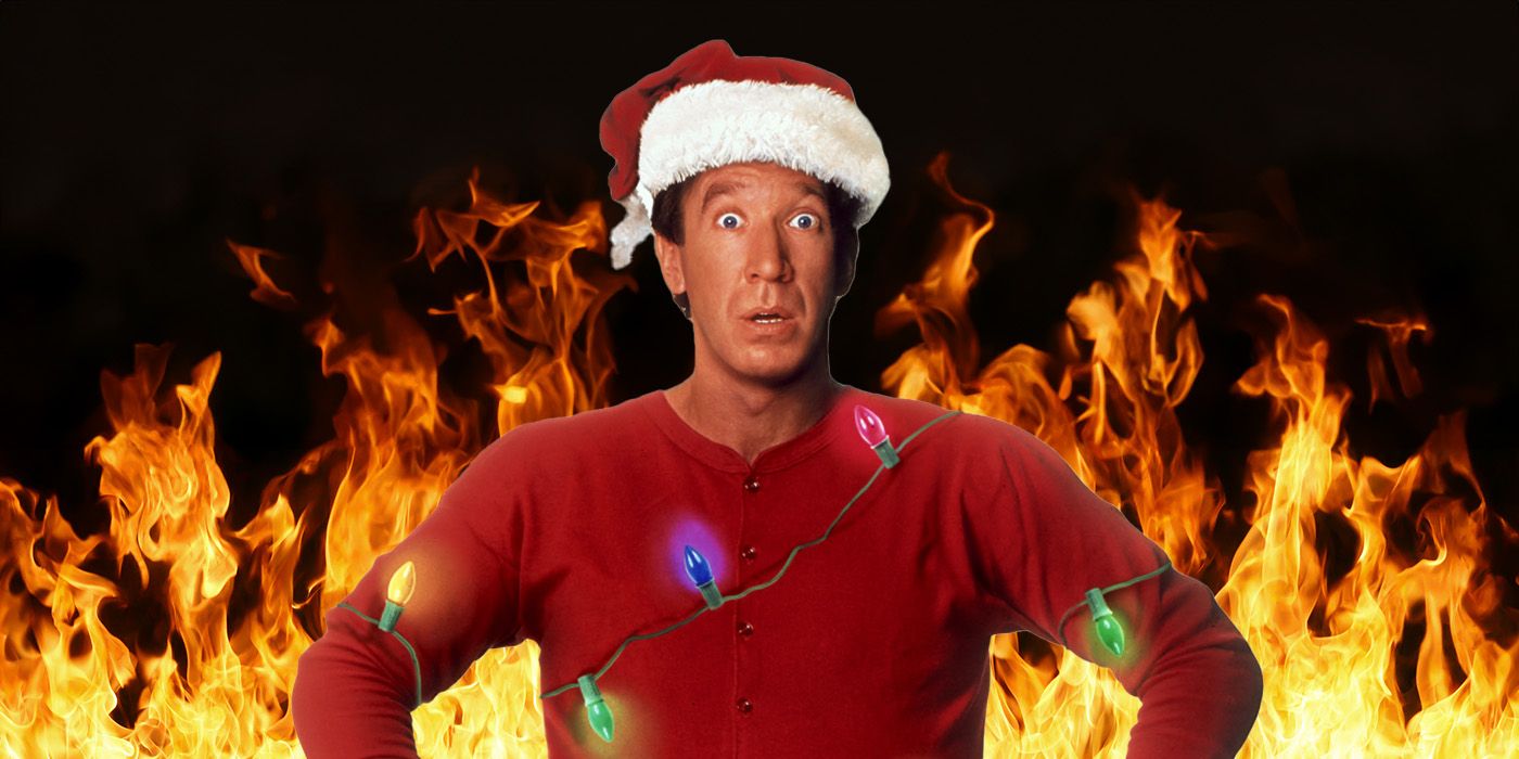 A custom image of Tim Allen in The Santa Clause standing in front of flames