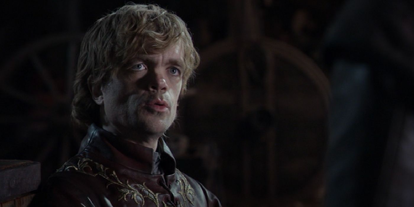 A drunk Tyrion Lannister (Peter Dinklage) talks to Jon Snow (Kit Harrington).