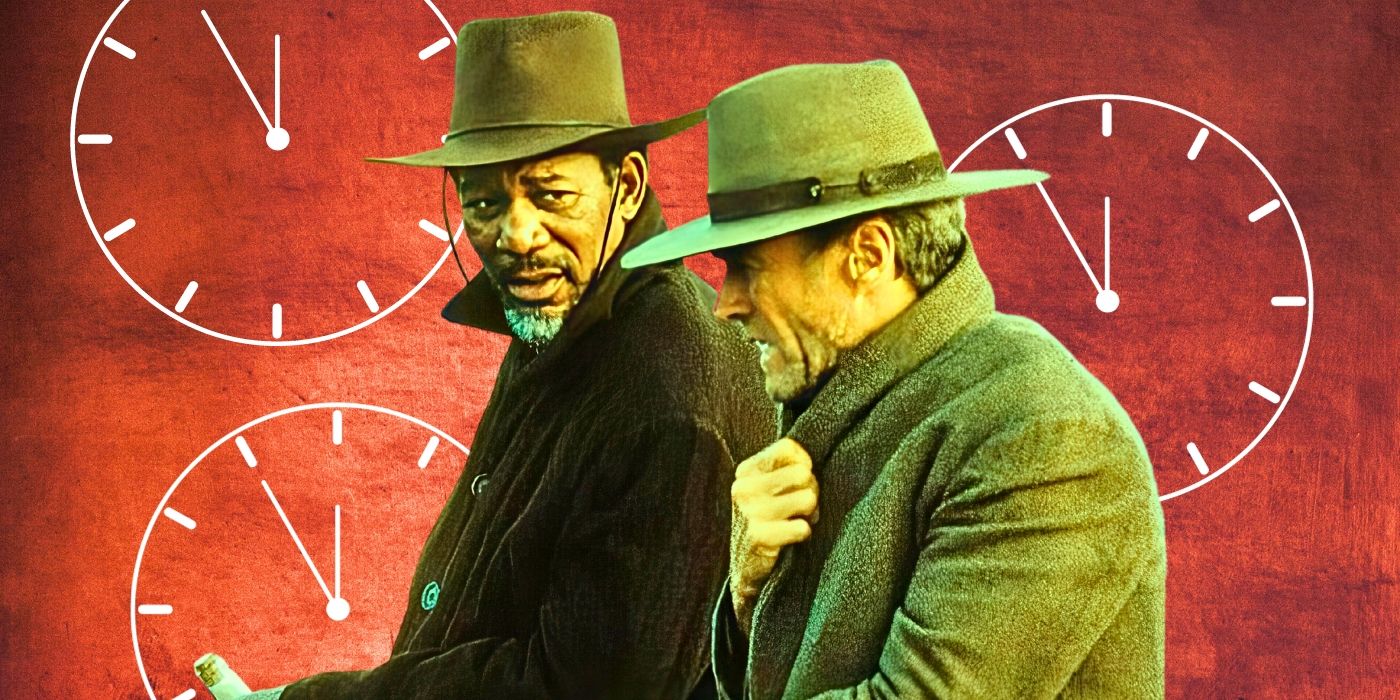 A custom image of Morgan Freeman and Clint Eastwood from Unforgiven in front of a red background of clocks