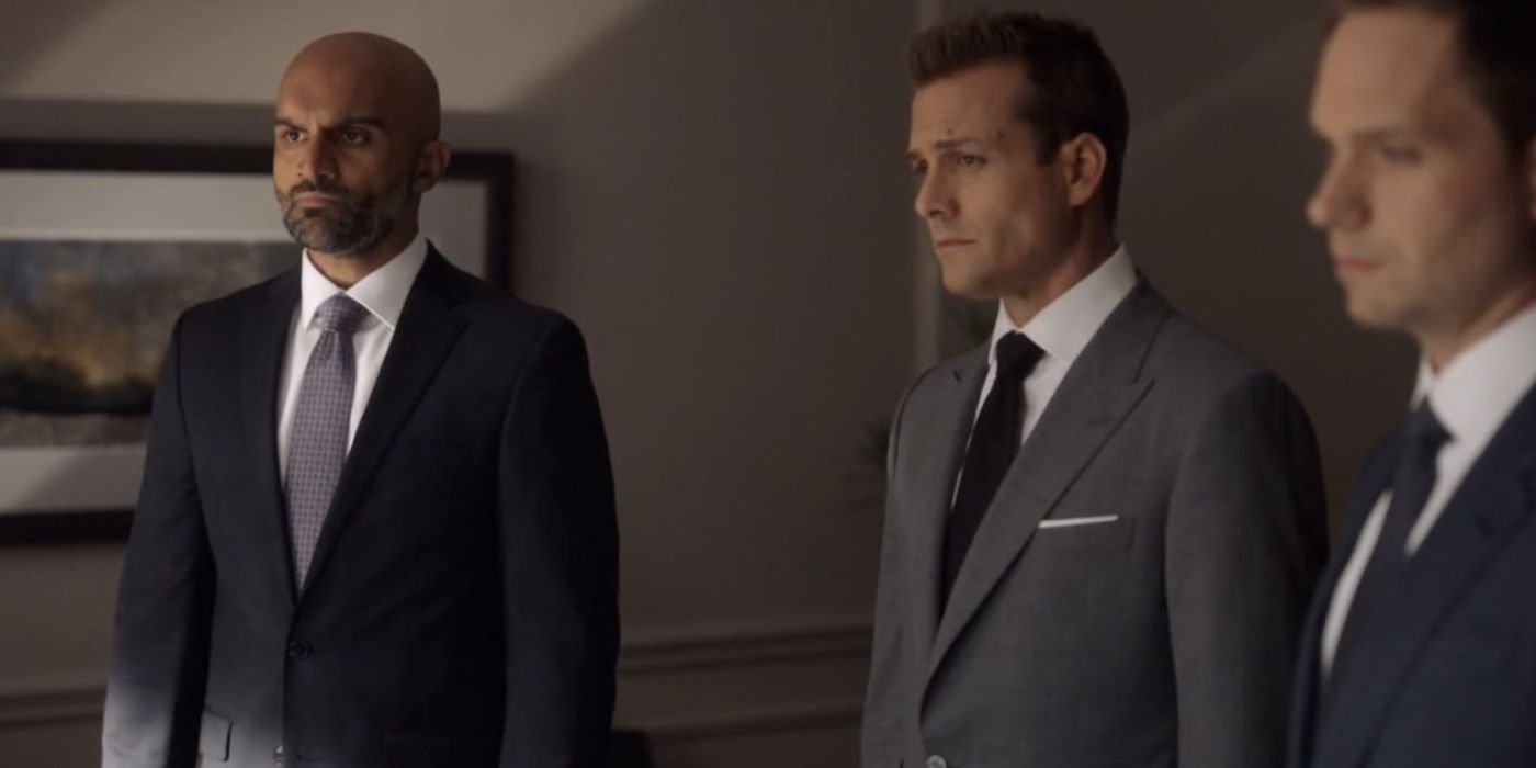 Andrew Malik, Harvey Specter, and Mike Ross all stand before a judge looking serious