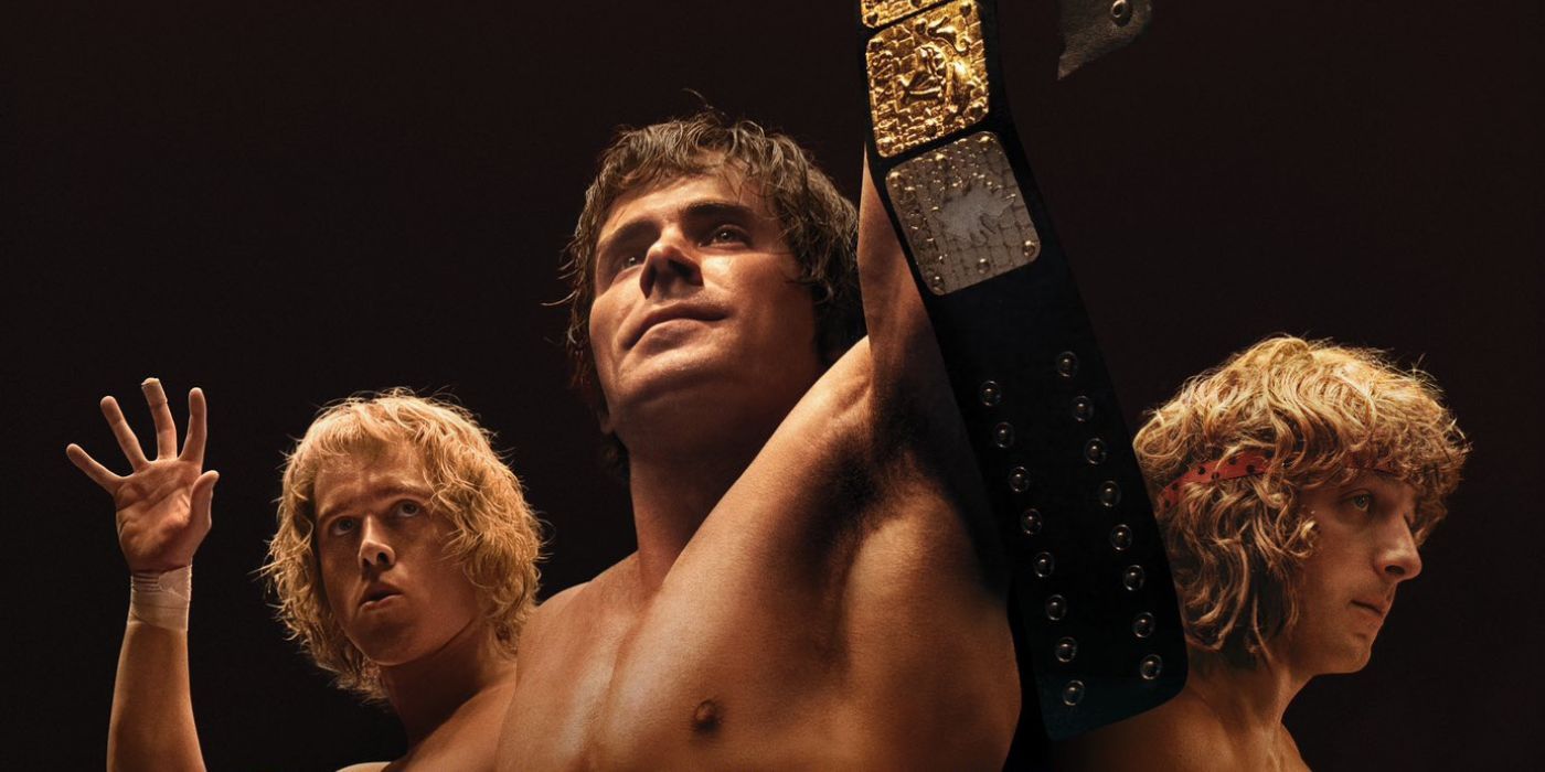 The Von Erich brothers on the poster for The Iron Claw: David (Harris Dickinson), Kevin (Zac Efron), and Kerry (Jeremy Allen White).