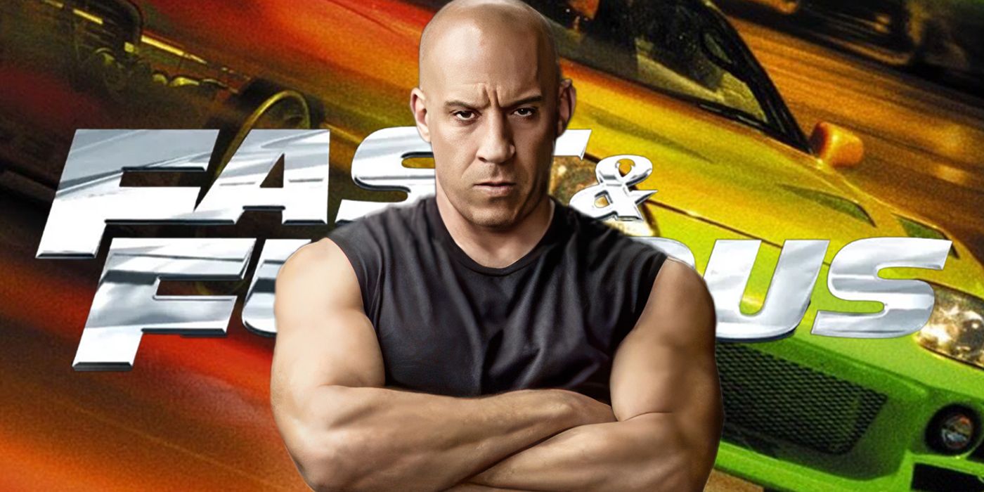 Blended image showing Vin Diesel as Dominic Toretto with the name Fast and Furious on the background in large white letters.