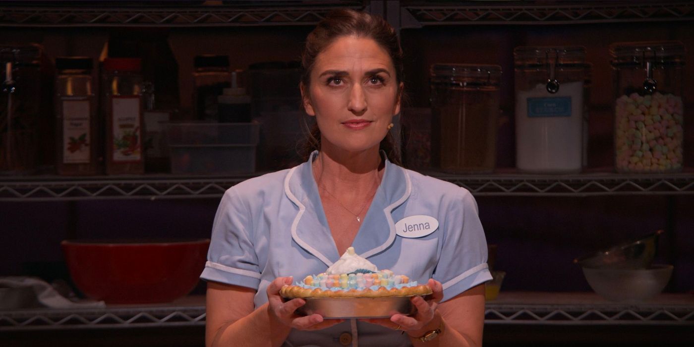 Sara Bareilles holds a pie as Jenna in Waitress: The Musical