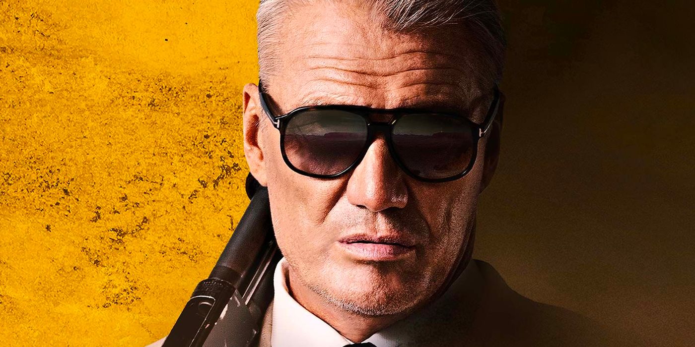 Dolph Lundgren wears sunglasses and wields a gun in the movie Wanted Man 