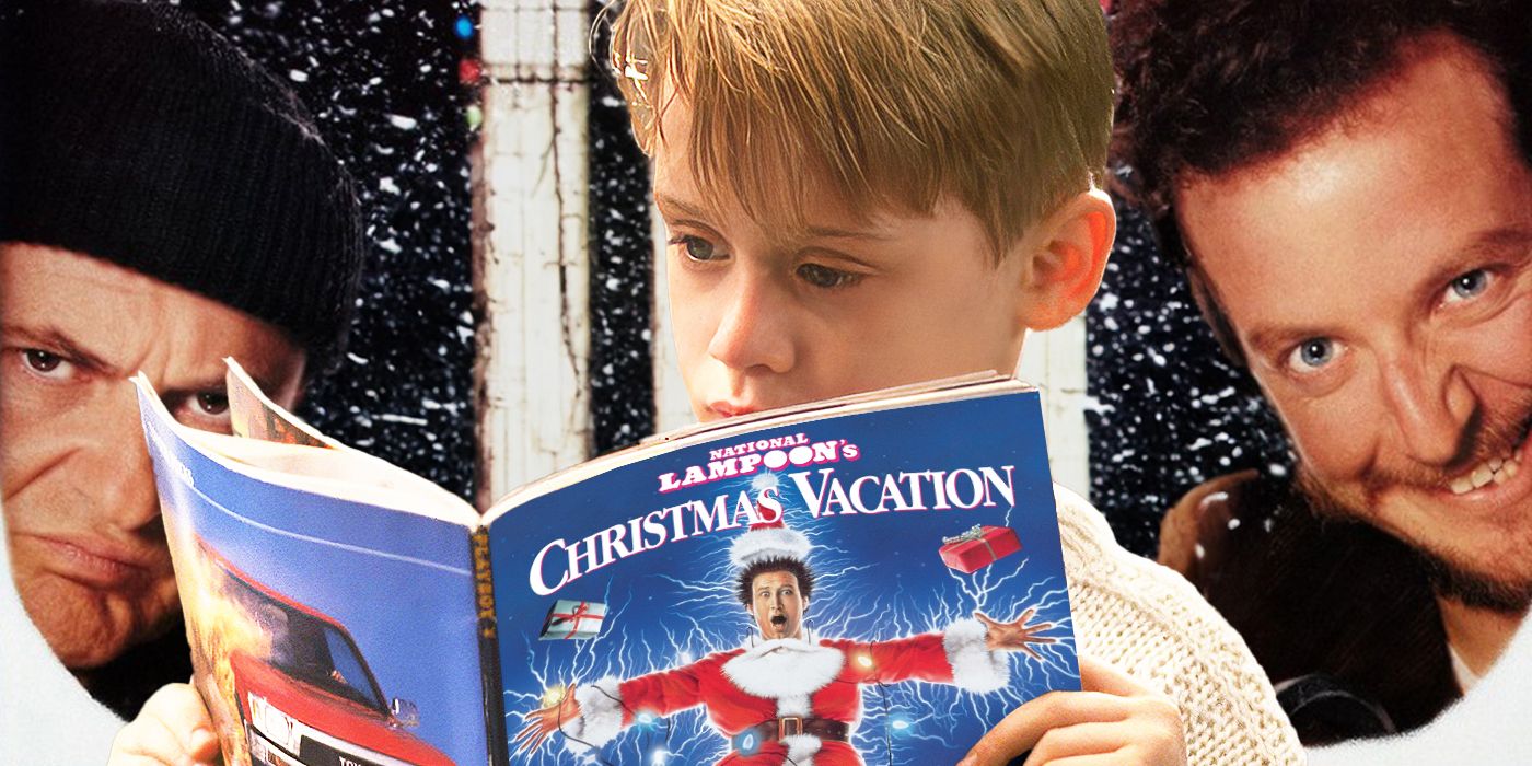 Kevin McCallister reading a magazine of National Lampoon's Christmas Vacation with the Wet bandits in the background