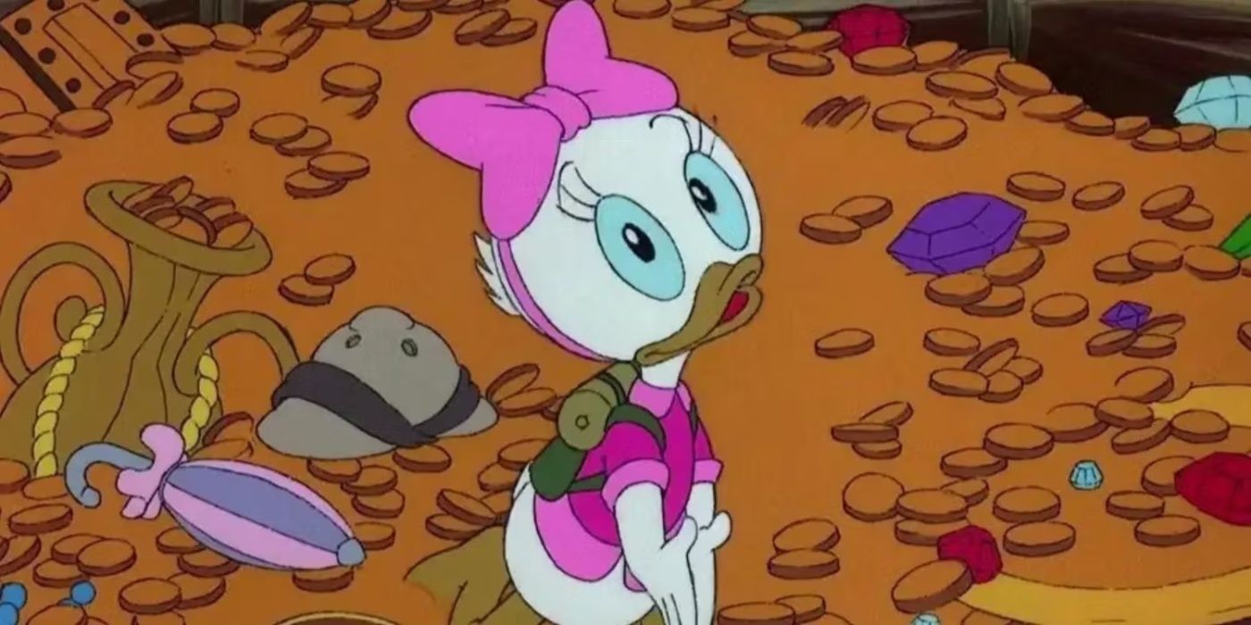 Webby Vanderquack standing in a pile of money and jewels in DuckTales