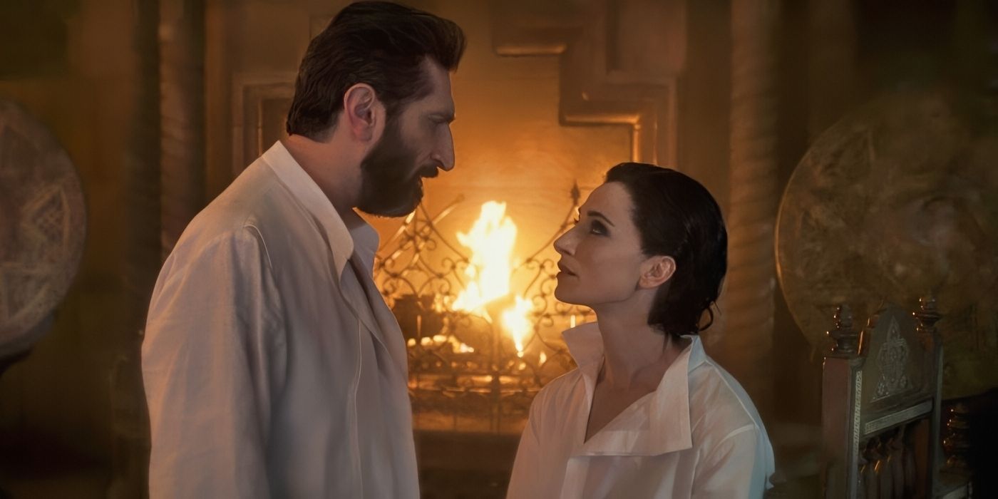 Fares Fares and Natasha O&rsquo;Keeffe wearing white and looking at each other in The Wheel of Time S2