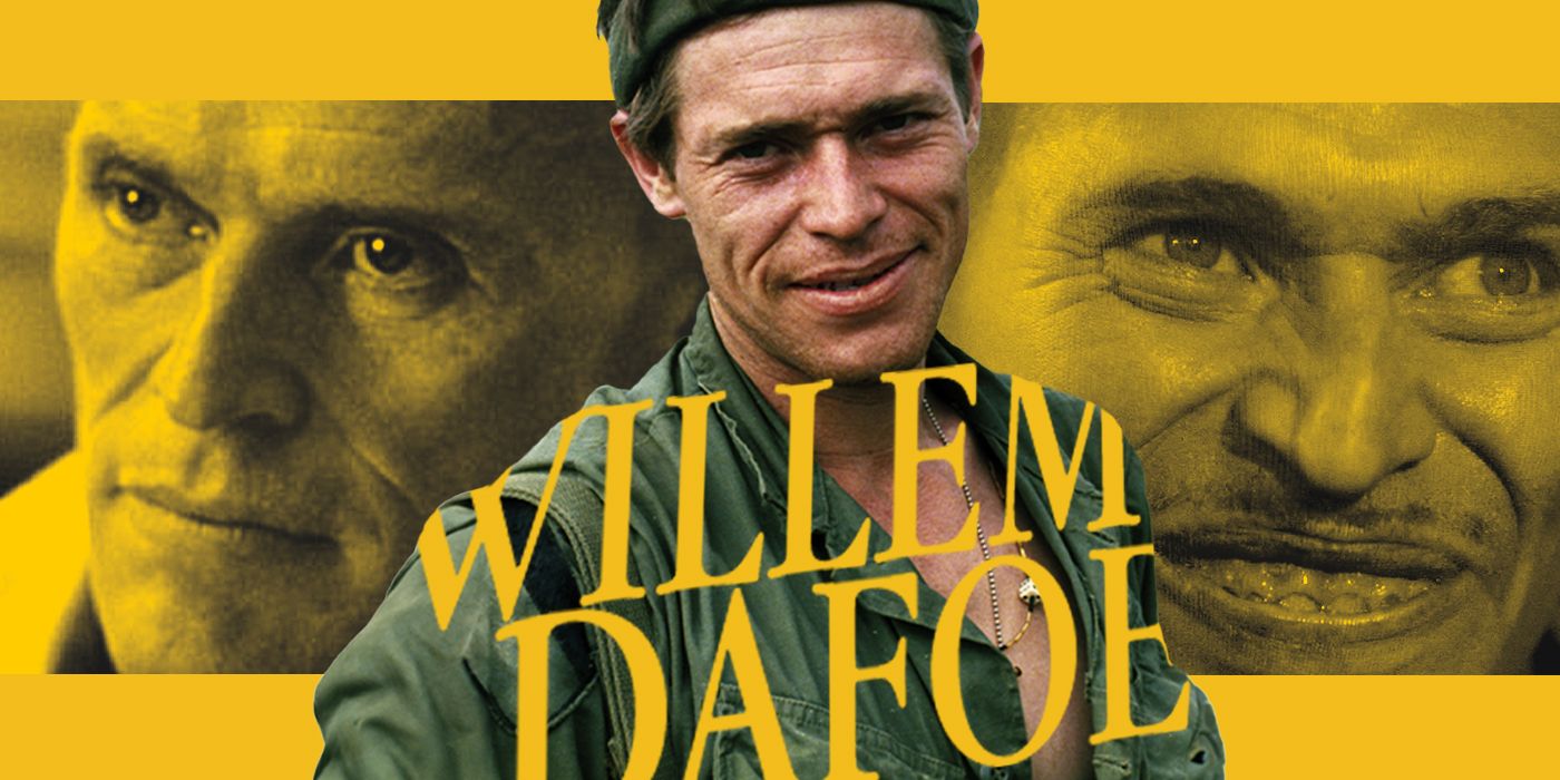 Blended image showing Willem Dafoe in three different movies with his name in yellow letters in the middle.