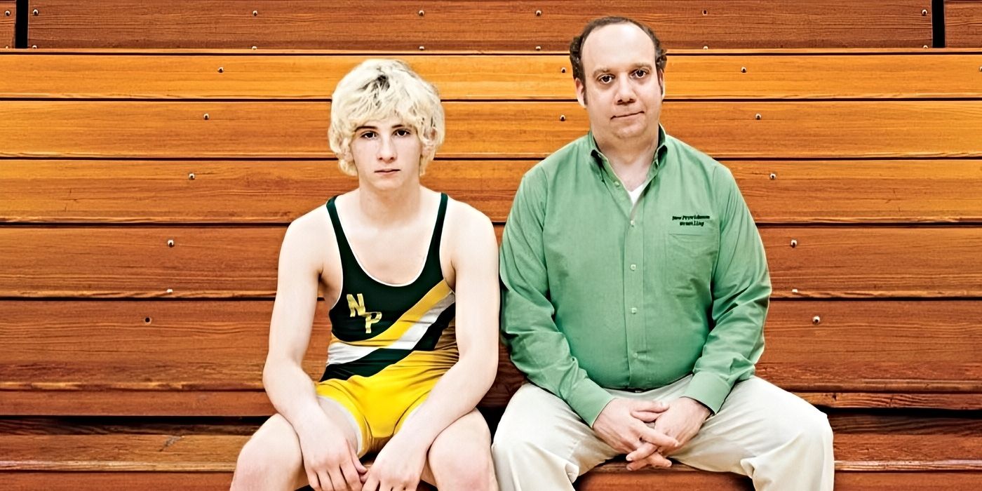 Paul Giamatti as Mike Flaherty and Alex Shaffer as Kyle sitting next to each other in a high school gym in Win Win
