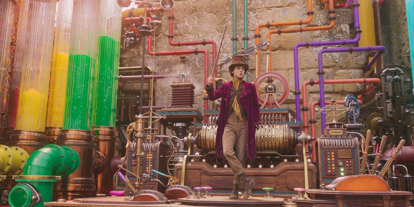 Willy Wonka (Timothee Chalamet) wandering through his chocolate factory in WONKA