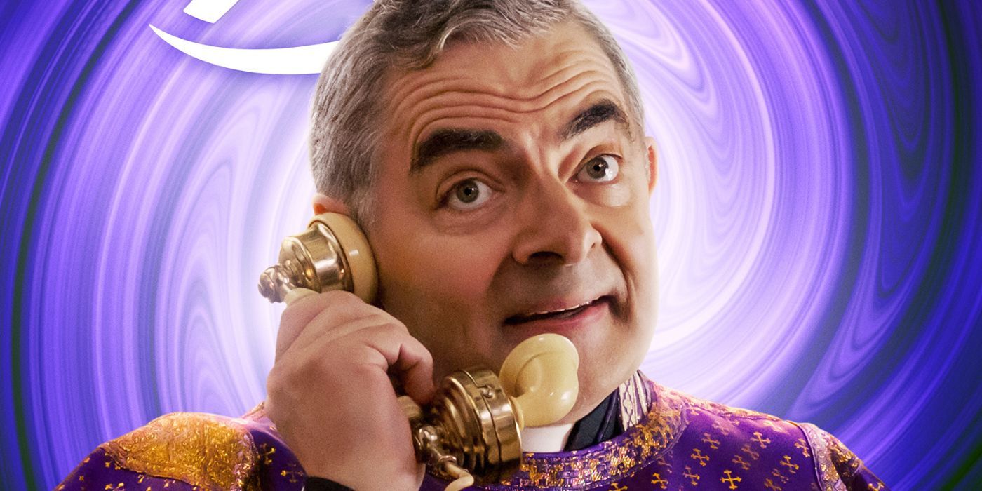 Rowan Atkinson as Father Julius on a character poster for Wonka