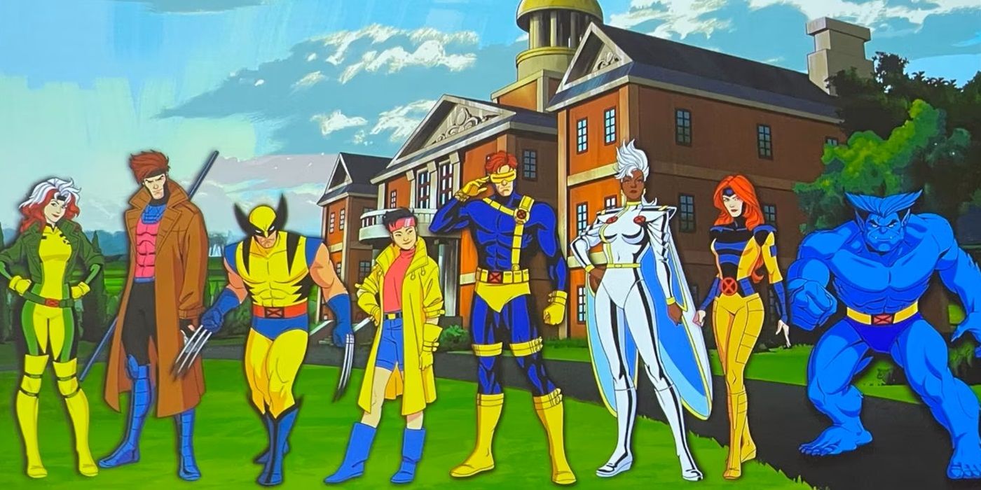 Rogue, Gambit, Wolverine, Jubilee, Cyclops, Storm, Jean Grey, and Beast standing together in X-Men 97