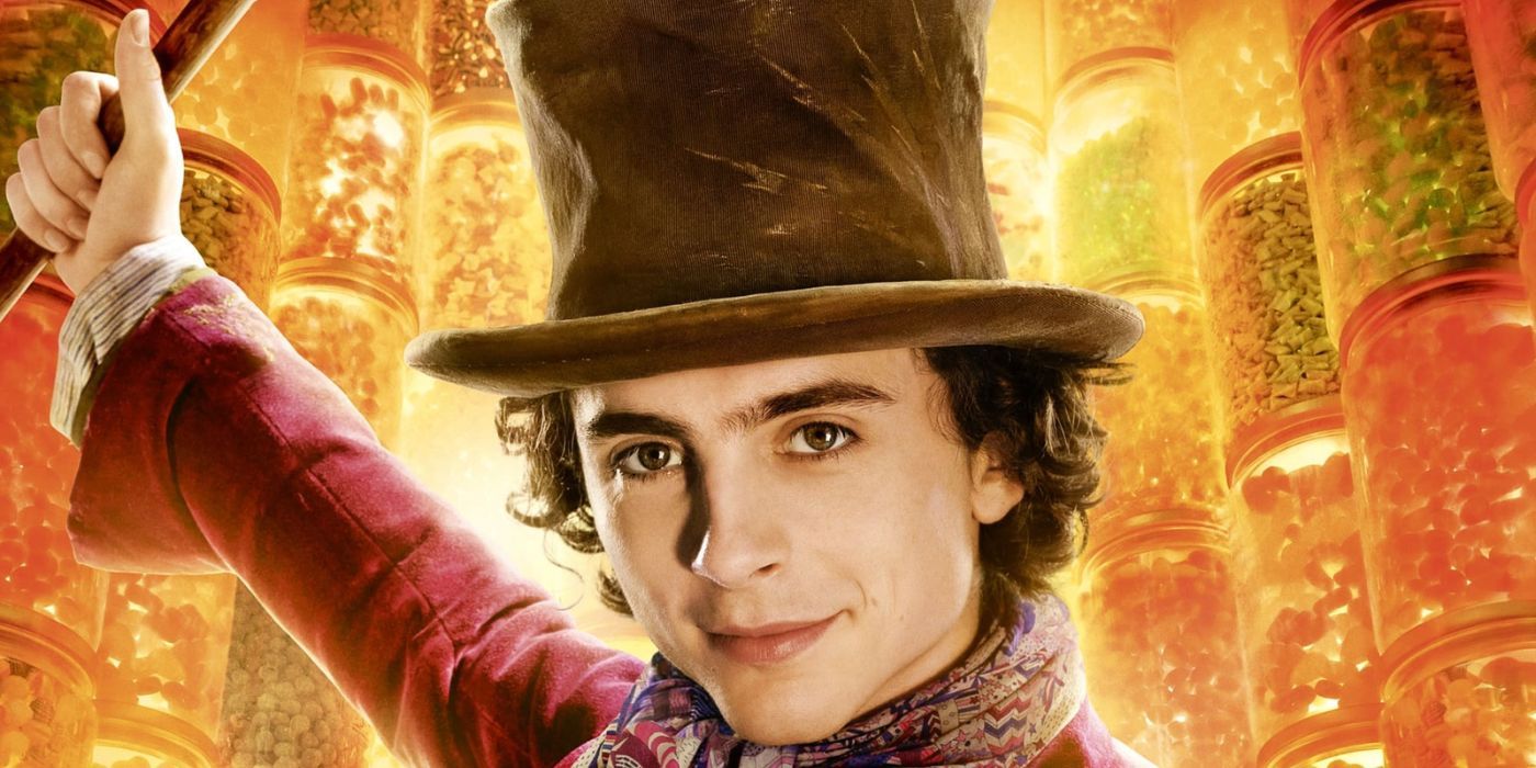 Cropped image of Timothee Chalamet as Willy Wonka holding a cane above his head on a poster for Wonka