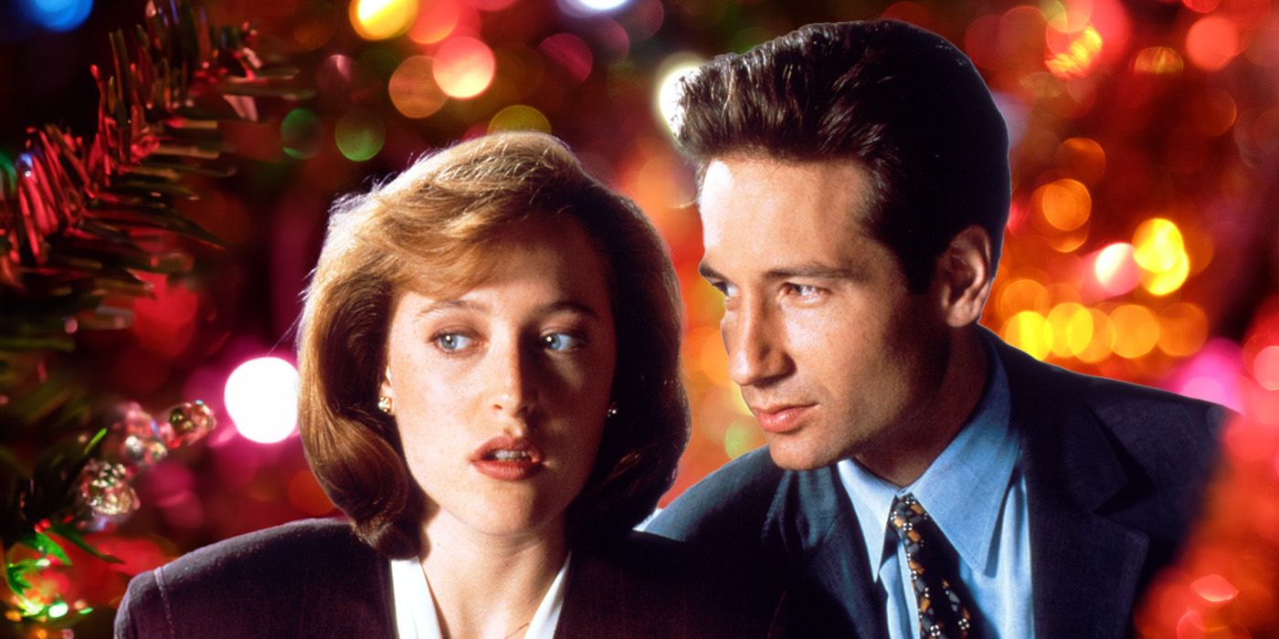 Gillian Anderson and David Duchovny from The X-Files amid a Christmas backdrop