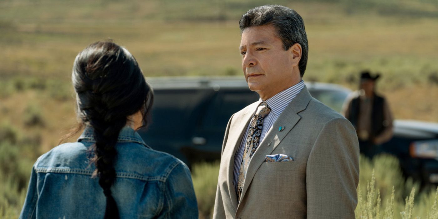 Chief Thomas Rainwater (Gil Birmingham) talks with Monica Dutton (Kelsey Asbille) on 'Yellowstone'