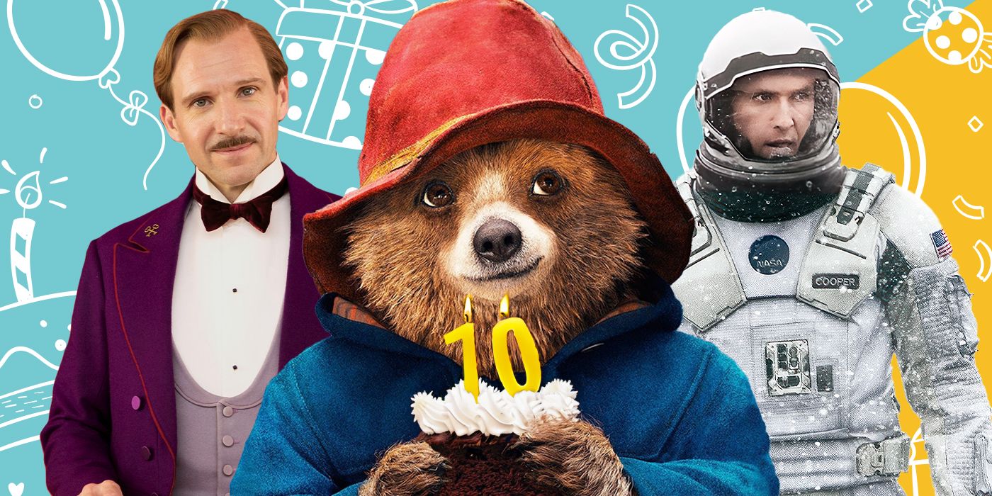 Blended image showing characters from The Grand Budapest Hotel, Paddington, and Interstellar.