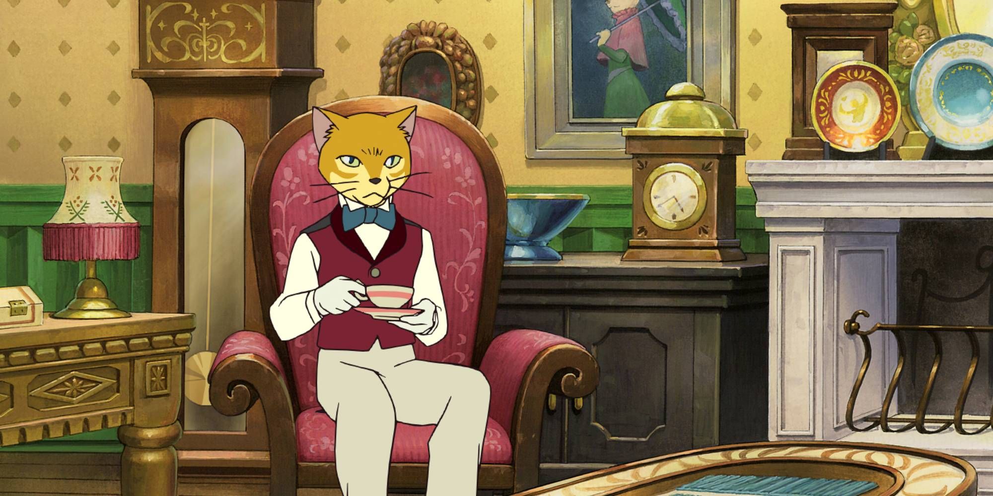 A cat holding a tea cup while sitting on the sofa in The Cat Returns