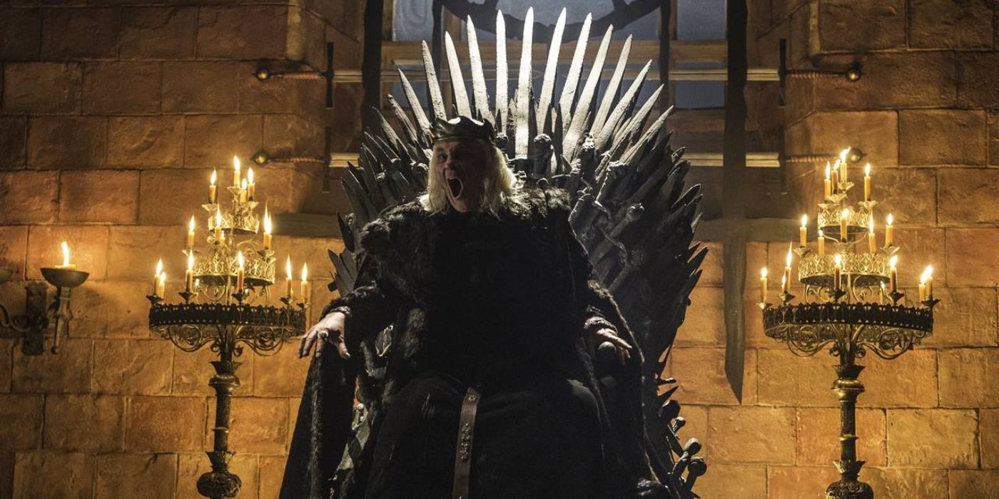 The Mad King Aerys II Targaryen on the Iron Throne yelling in rage in Game of Thrones