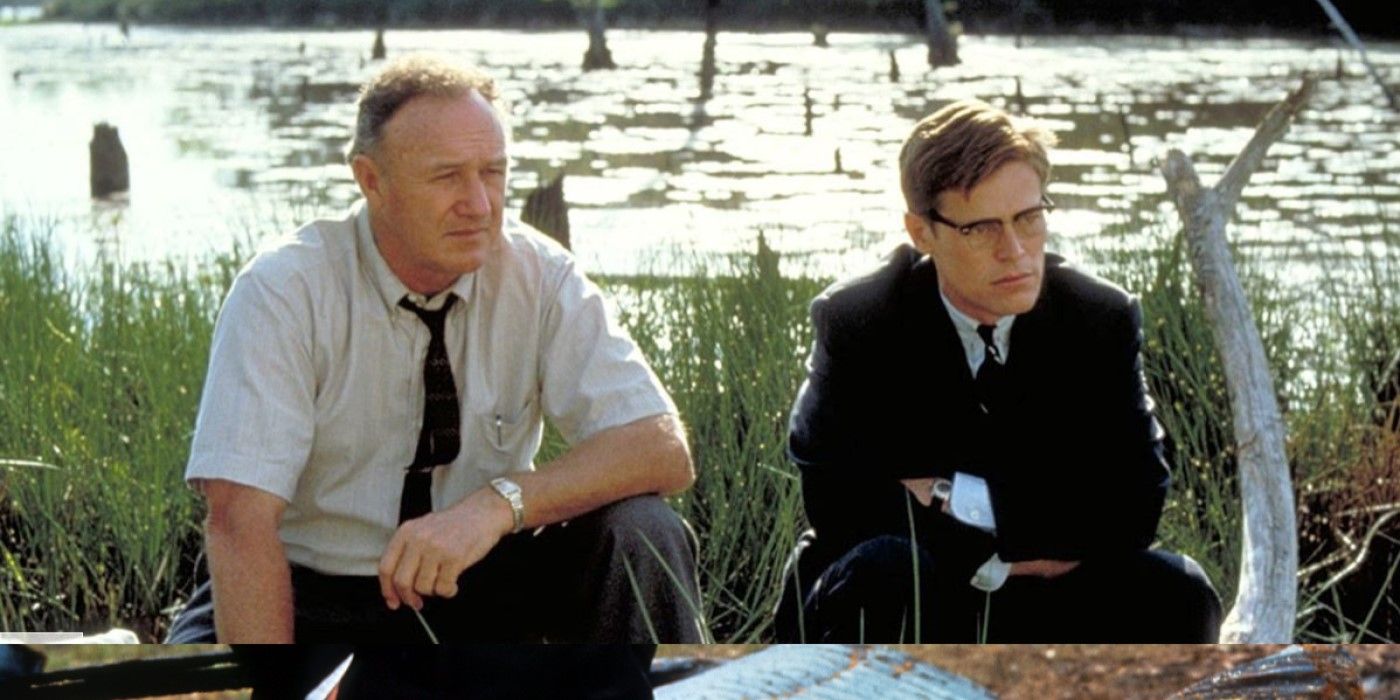 FBI Agents Anderson (Gene Hackman) and Ward (Willem Dafoe) sit on the riverside in 'Mississippi Burning'