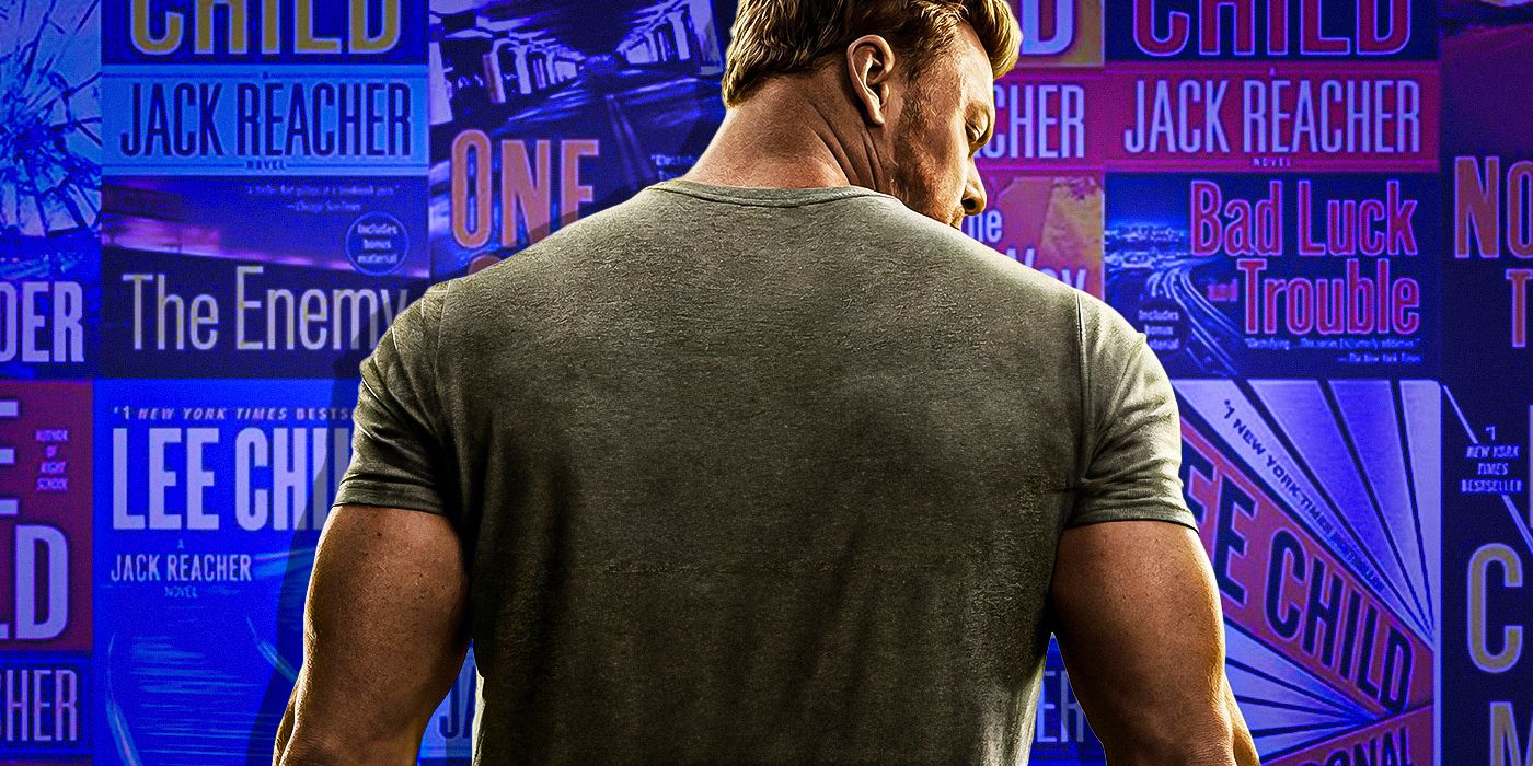 Alan Ritchson on the poster for Reacher Season 2 against a backdrop of Reacher books