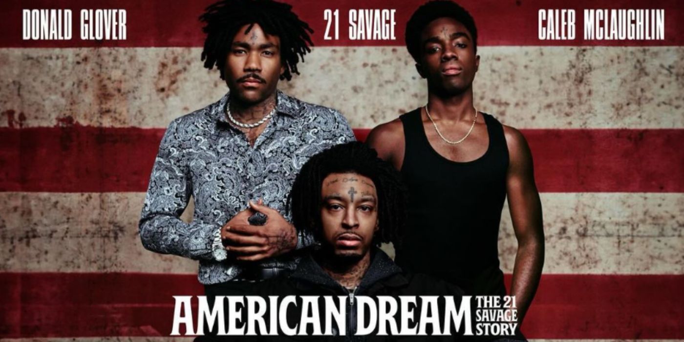 Donal Glover, 21 Savage, and Caleb McLaughlin pose for poster of 'American Drea: The 21 Savage Story'