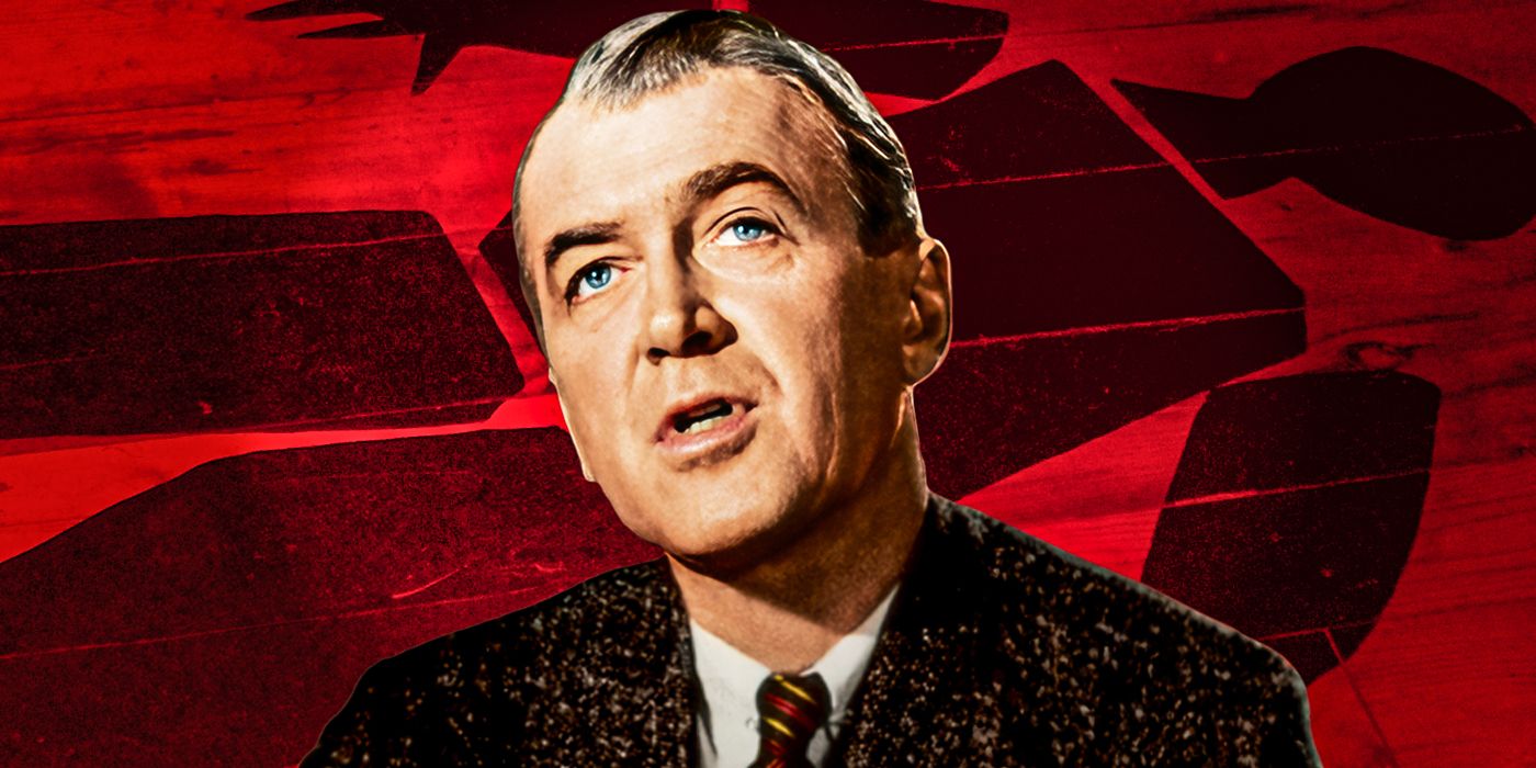 A close up of Jimmy Stewart from the film Anatomy of a Murder with a red and black backdrop, including a crime scene body sketch image, behind him