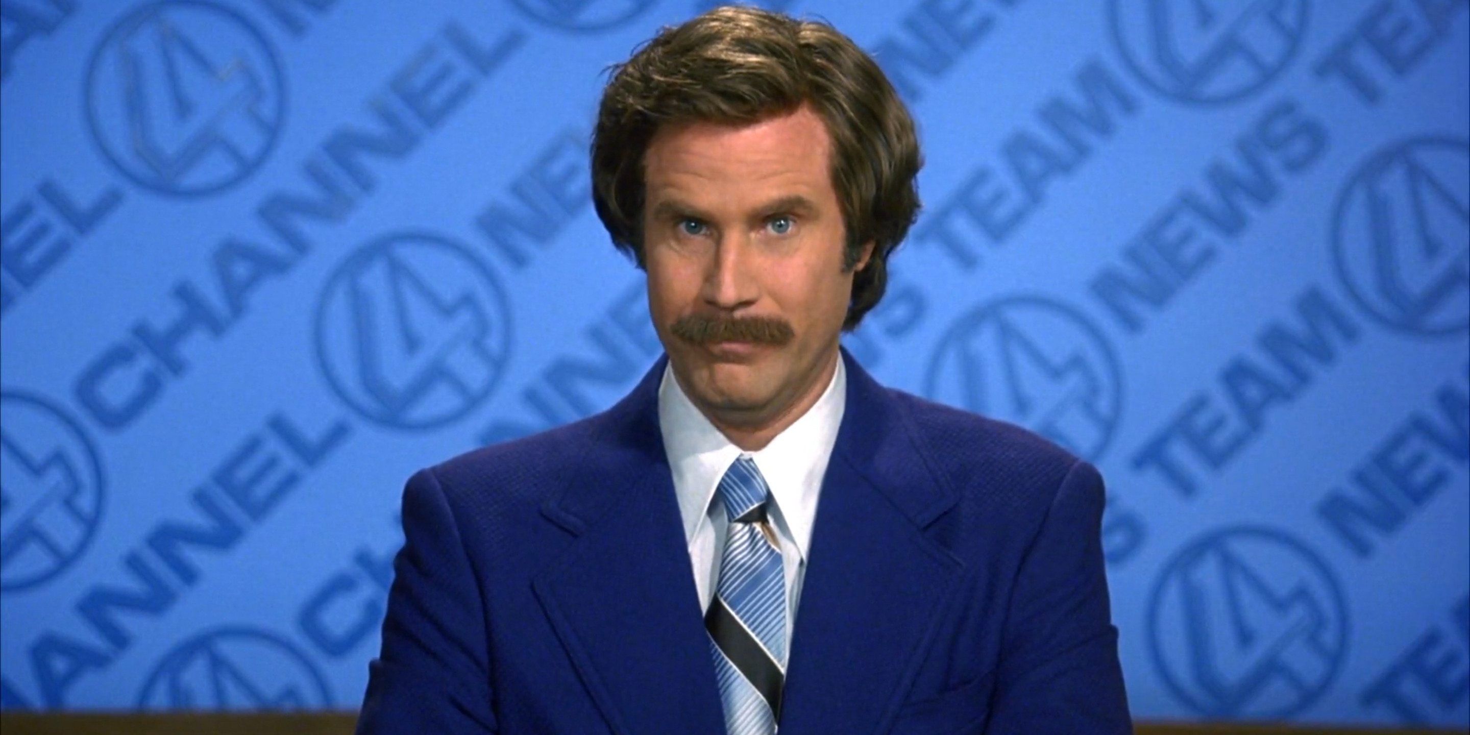 A still from Anchorman featuring Will Ferrell as Ron Burgundy on air at Channel 4 News