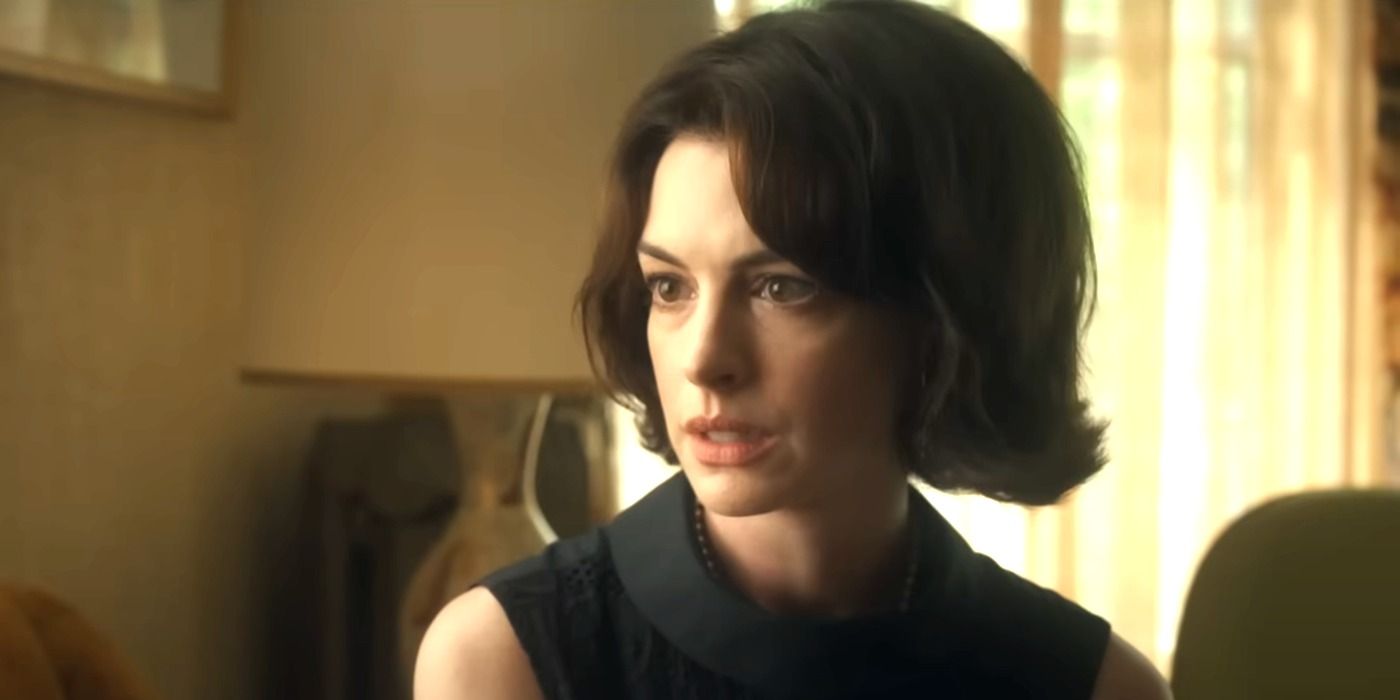 Anne Hathaway as Céline looking disturbed while talking to a person offscreen in Mothers' Instinct