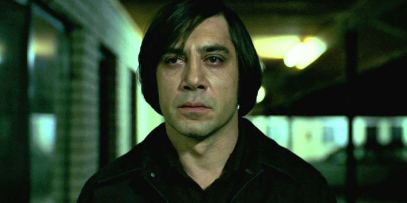 Closeup of Anton Chigurh (Javier Bardem) staring intensely in 'No Country for Old Men'.