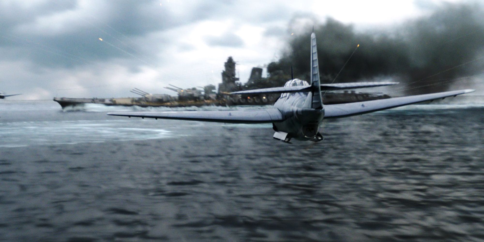 A plane flying over water with burning city in the background in The Great War of Archimedes 