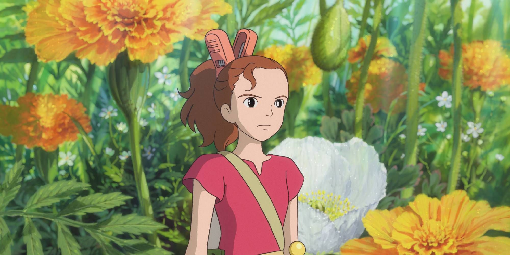 A shot of Arrietty with giant flowers in the background in The Secret World of Arrietty