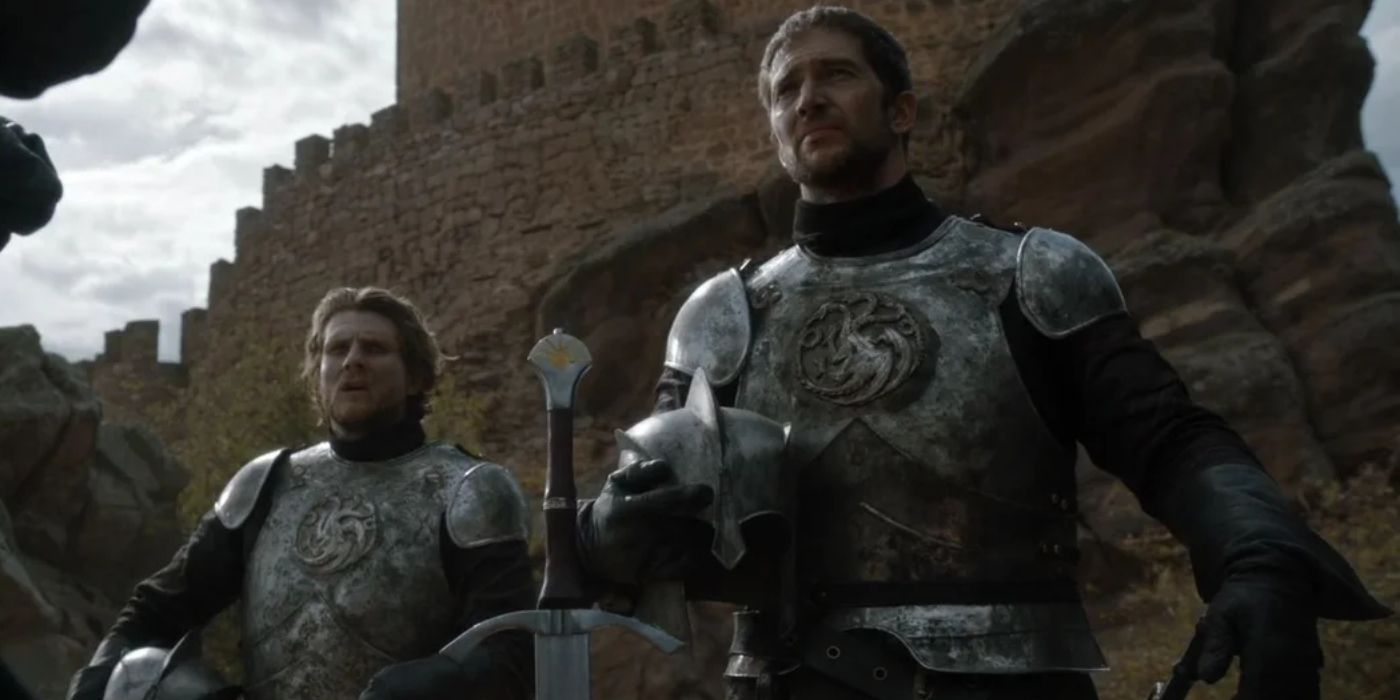 Luke Roberts and Eddie Eyre as Ser Arthur Dayne, the Sword of the Morning, and Ser Oswell When at the Tower of Joy flashback in Game of Thrones