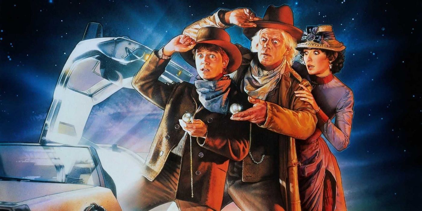 Michael J. Fox, Christopher Lloyd, and Mary Steenburgen on a cropped Back to the Future 3 poster